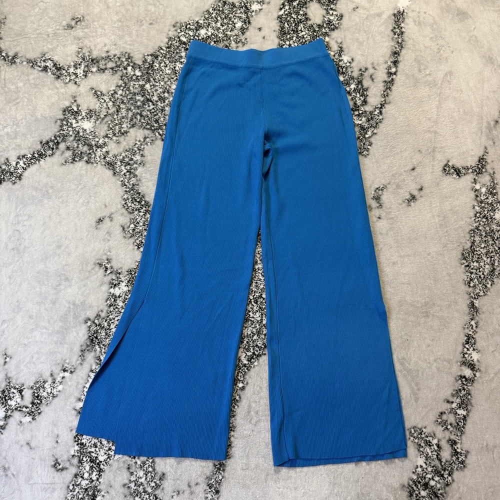 Lioness Trousers Womens Size L Blue Wide Leg Stretch Ponte Pants Pull On Slit